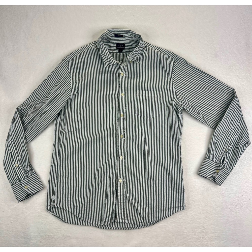 J Crew Seersucker‎ Slim Fit Button Down Shirt Mens Size L Green Stripe Casual